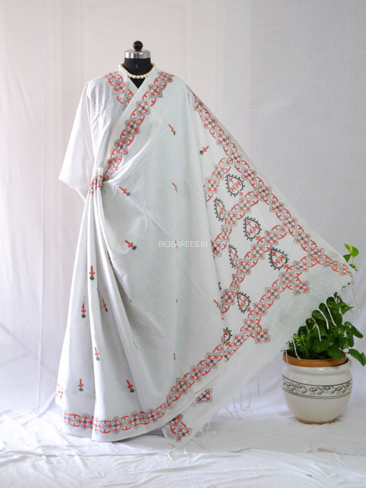 Kutchi Hand-Embroidered Saree | Khadi Cotton | White