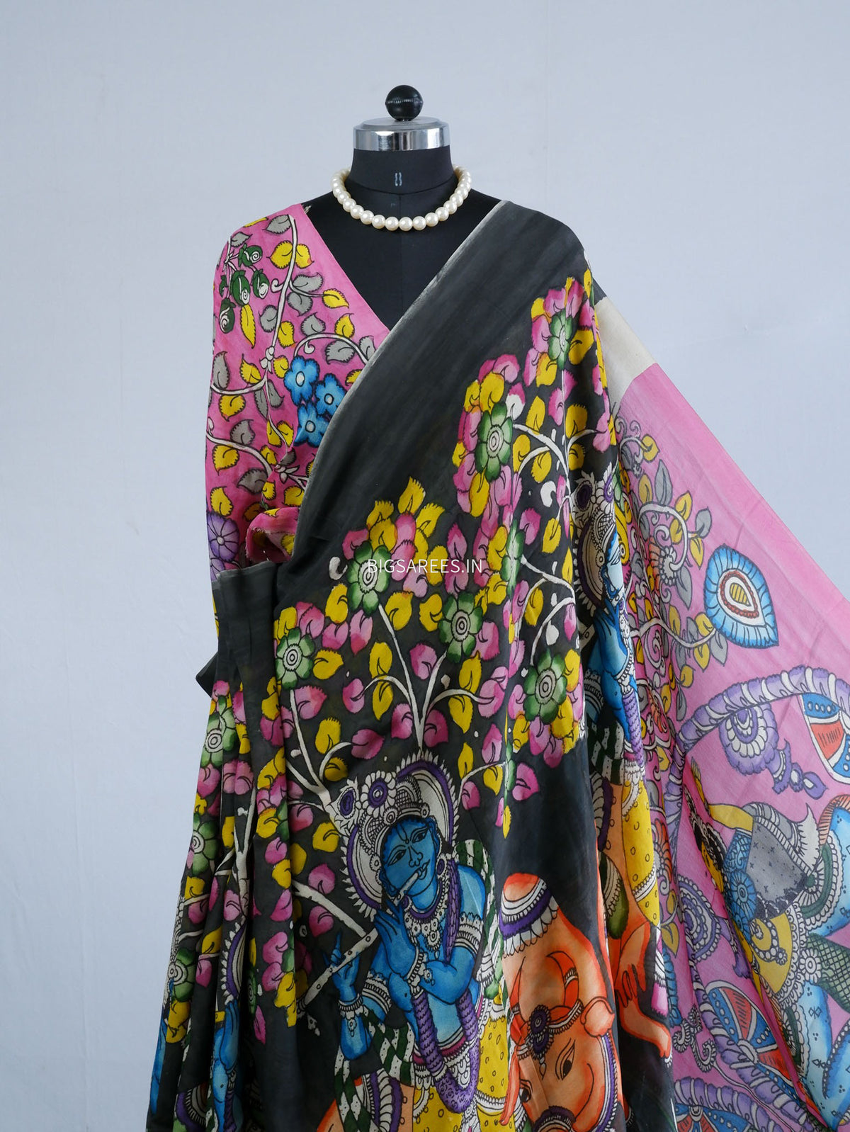 Hand-Painted Kalamkari Saree | Bangalore Silk | Black