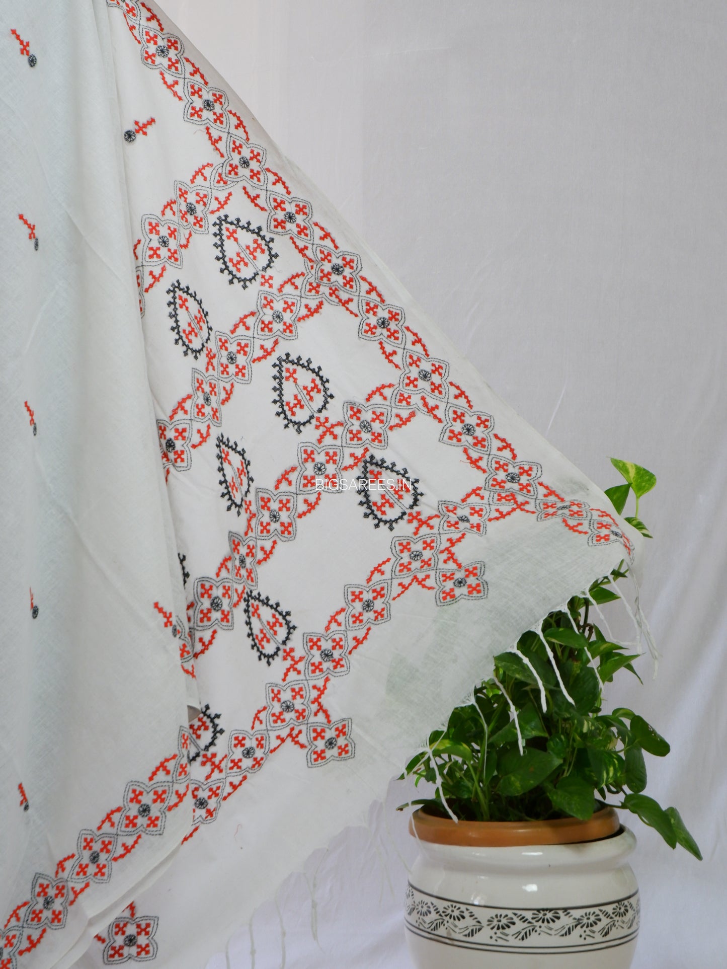 Kutchi Hand-Embroidered Saree | Khadi Cotton | White