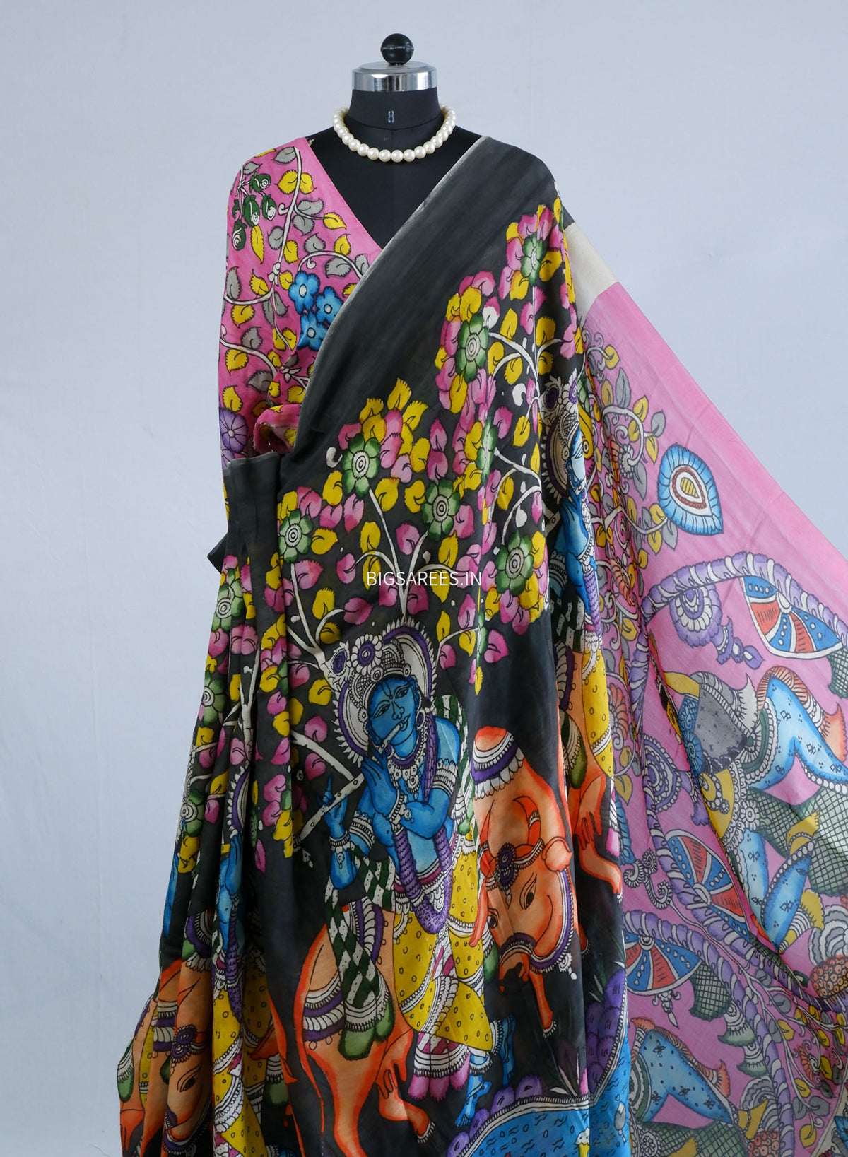 Hand-Painted Kalamkari Saree | Bangalore Silk | Black