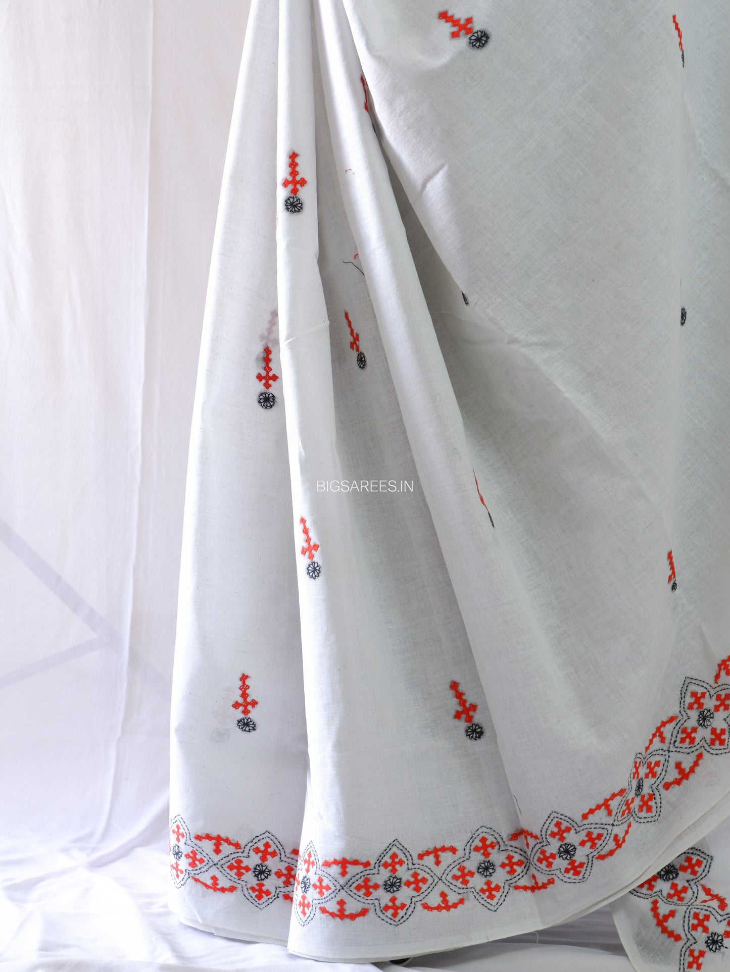 Kutchi Hand-Embroidered Saree | Khadi Cotton | White