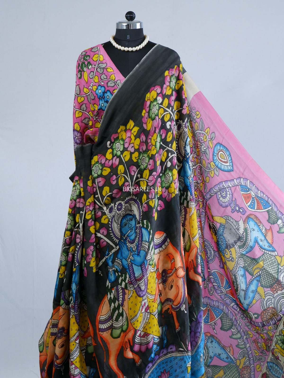 Hand-Painted Kalamkari Saree | Bangalore Silk | Black