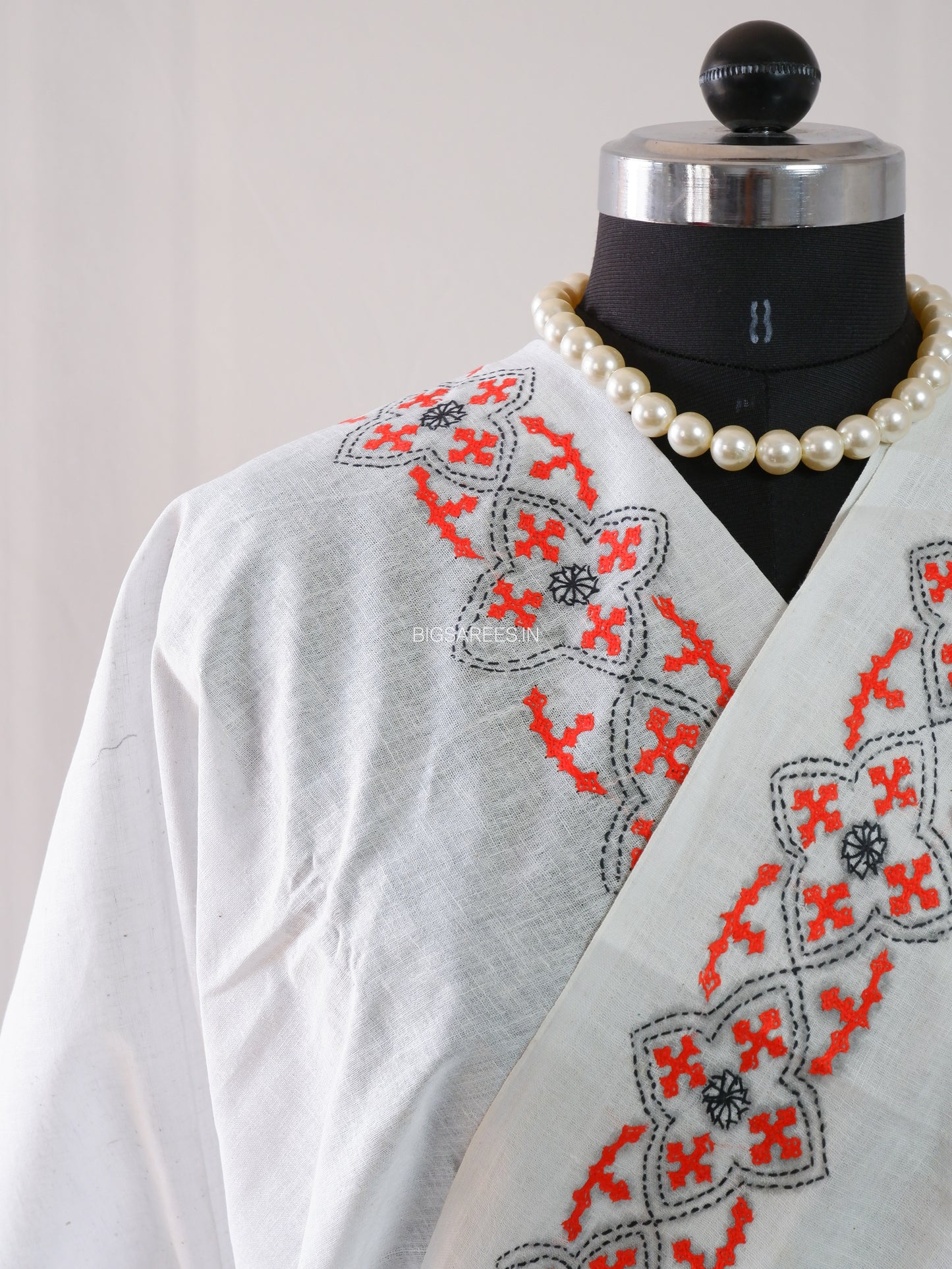 Kutchi Hand-Embroidered Saree | Khadi Cotton | White