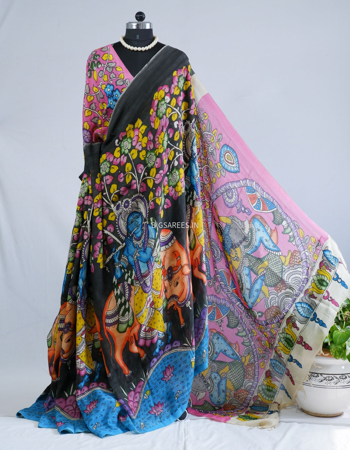 Hand-Painted Kalamkari Saree | Bangalore Silk | Black