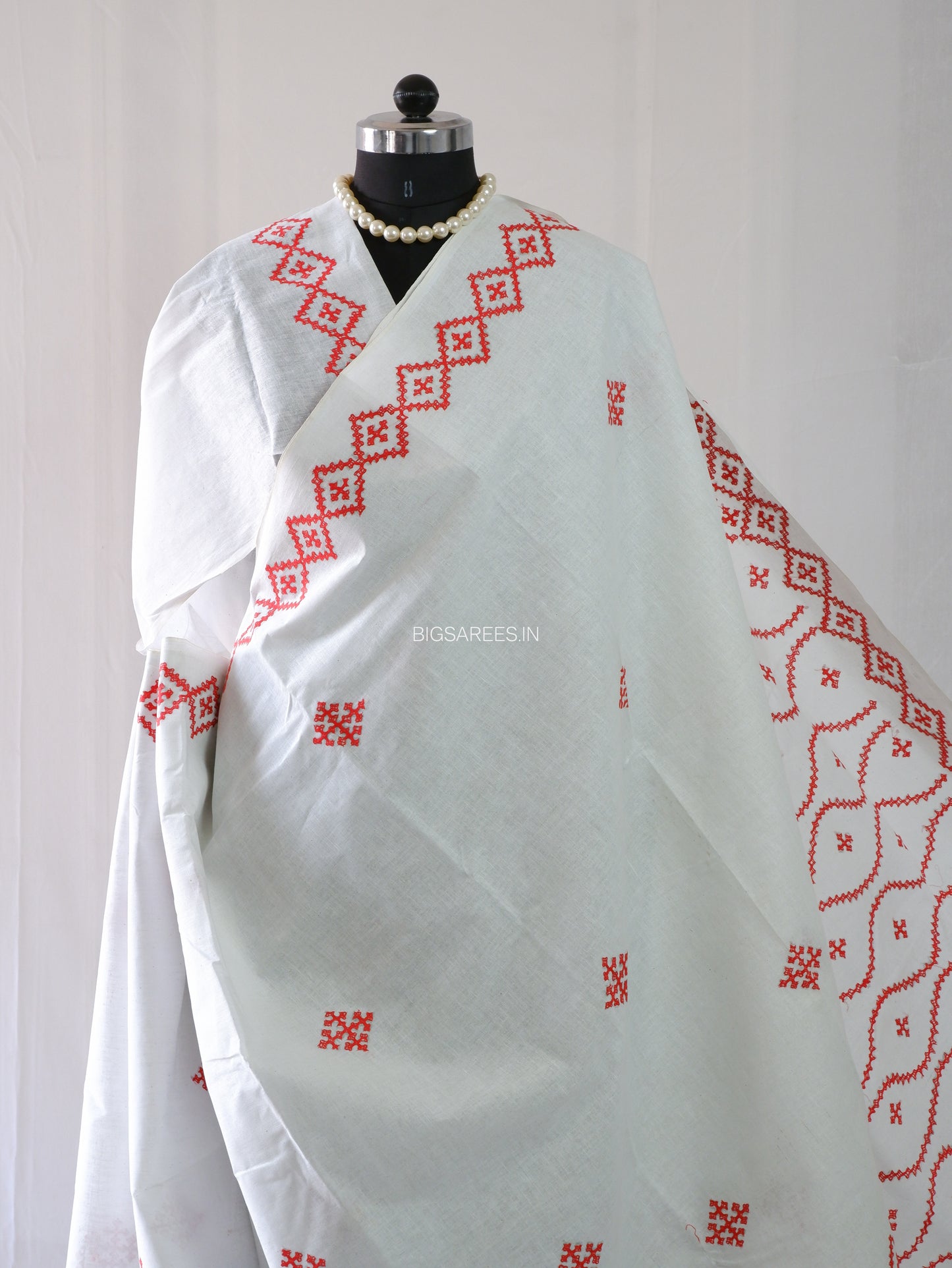 Kutchi Hand-Embroidered Saree | Khadi Cotton | White