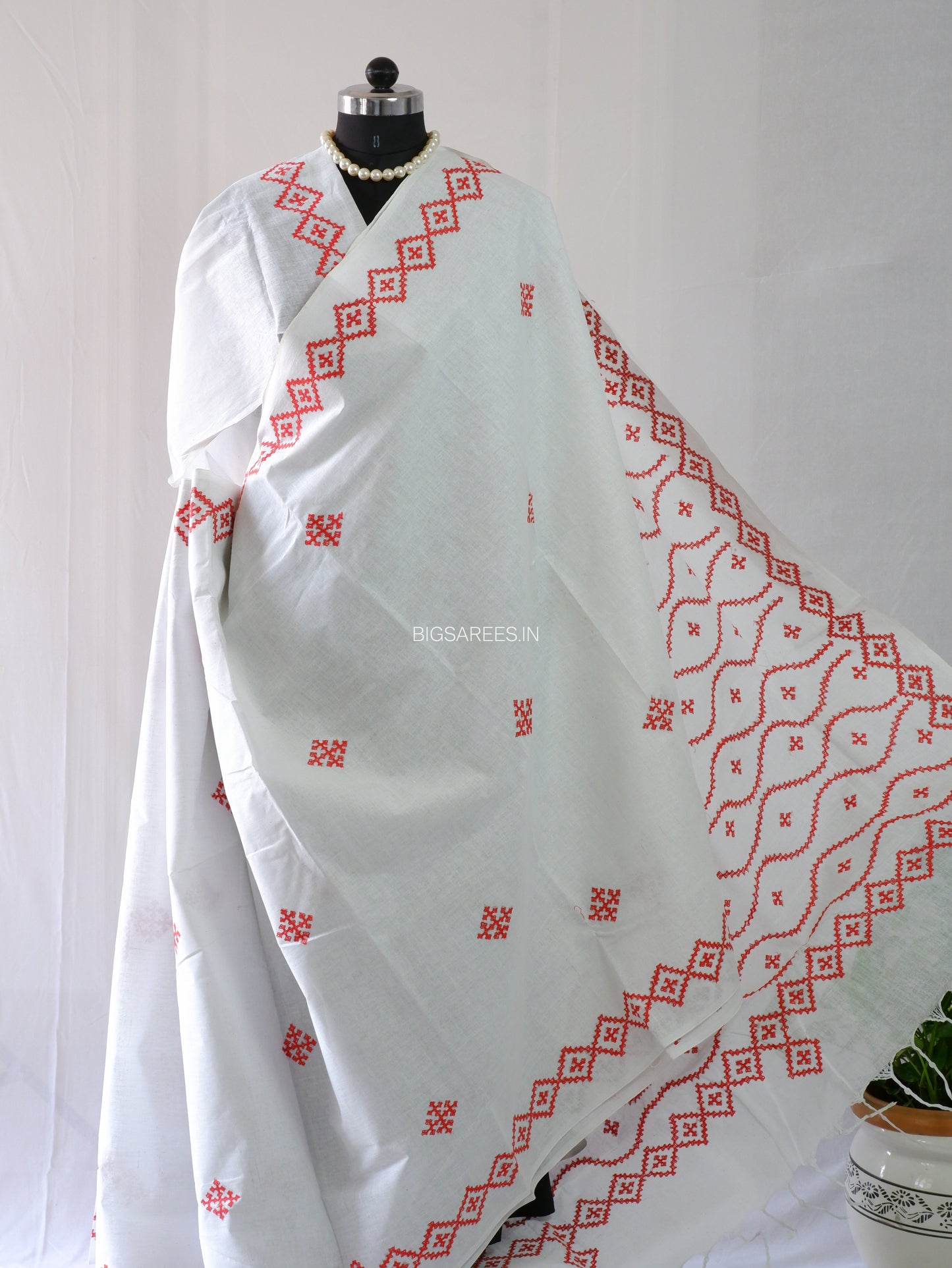 Kutchi Hand-Embroidered Saree | Khadi Cotton | White