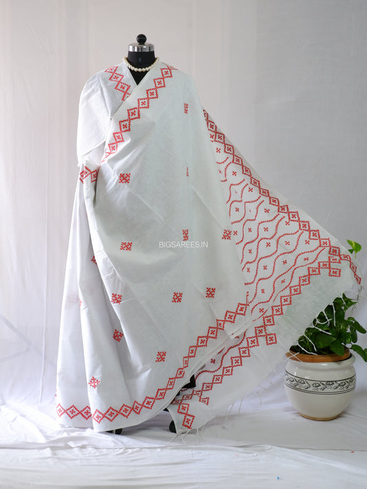 Kutchi Hand-Embroidered Saree | Khadi Cotton | White