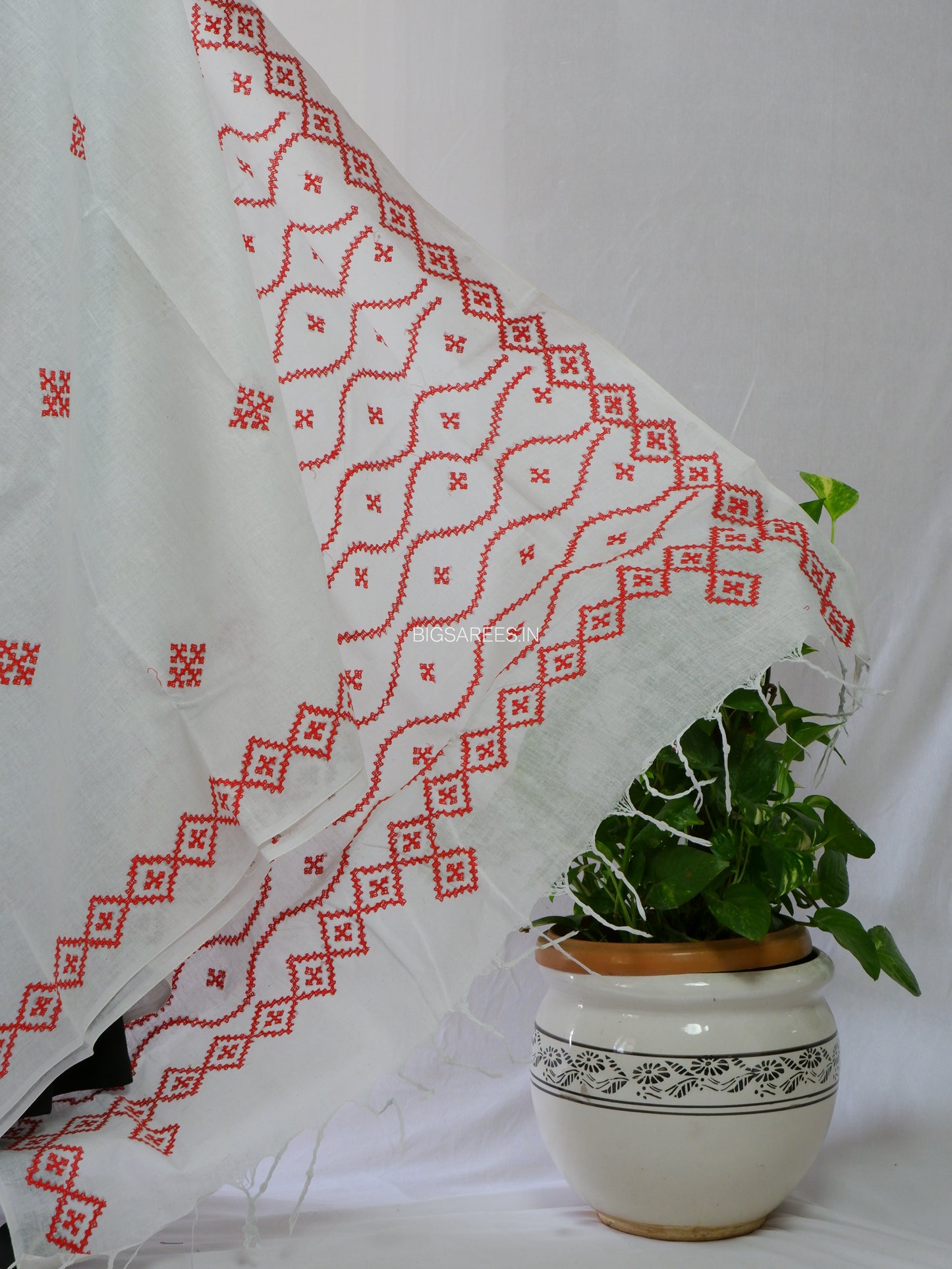 Kutchi Hand-Embroidered Saree | Khadi Cotton | White