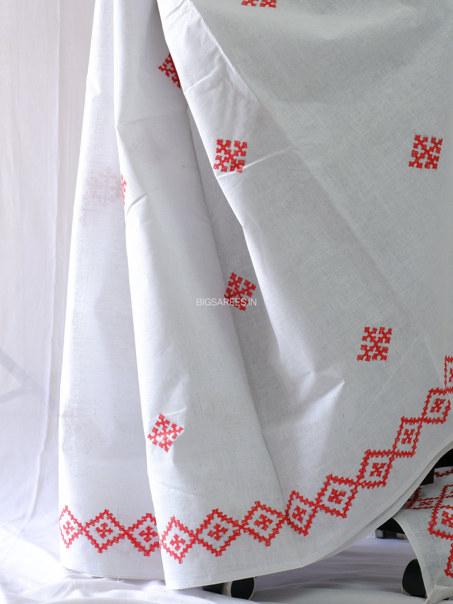 Kutchi Hand-Embroidered Saree | Khadi Cotton | White