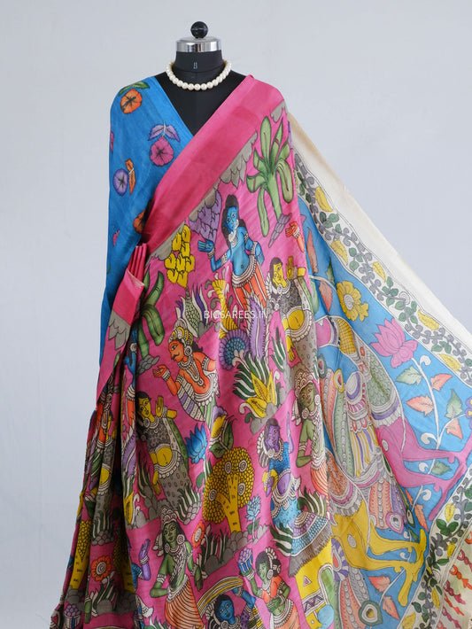 Hand-Painted Kalamkari Saree | Banglore Silk | Pink
