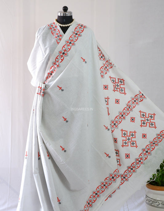 Kutchi Hand-Embroidered Saree | Khadi Cotton | White
