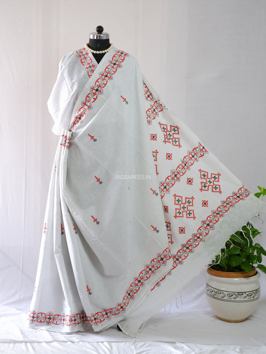 Kutchi Hand-Embroidered Saree | Khadi Cotton | White
