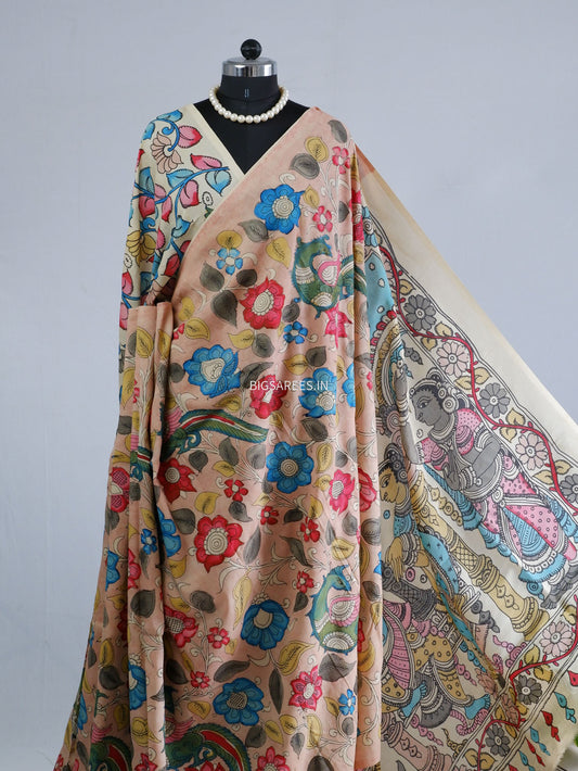 Hand-Painted Kalamkari Saree | Bangalore Silk | Muted Pink