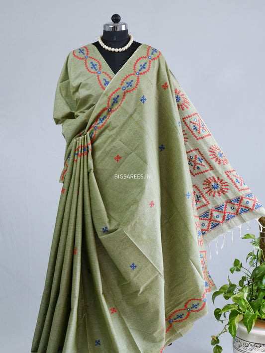 Kutchi Hand-Embroidered Saree | Khadi Cotton | Moss Green