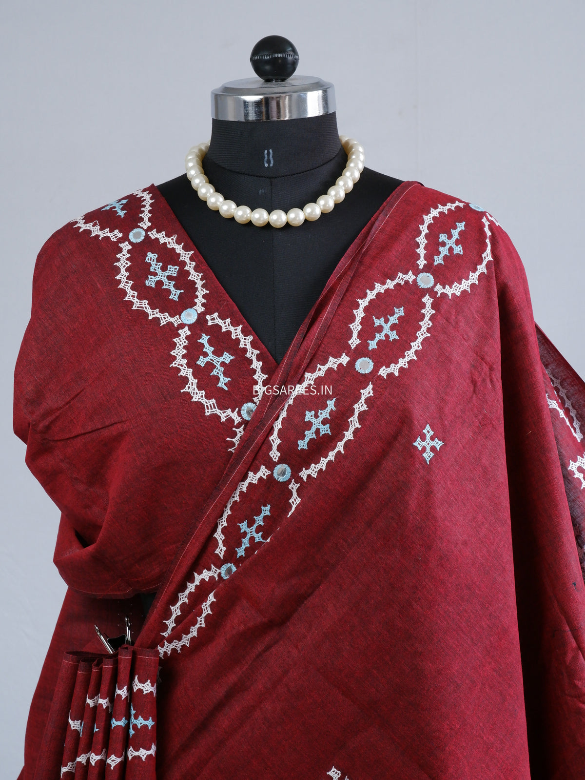 Kutchi Hand-Embroidered Saree | Khadi Cotton | Maroon