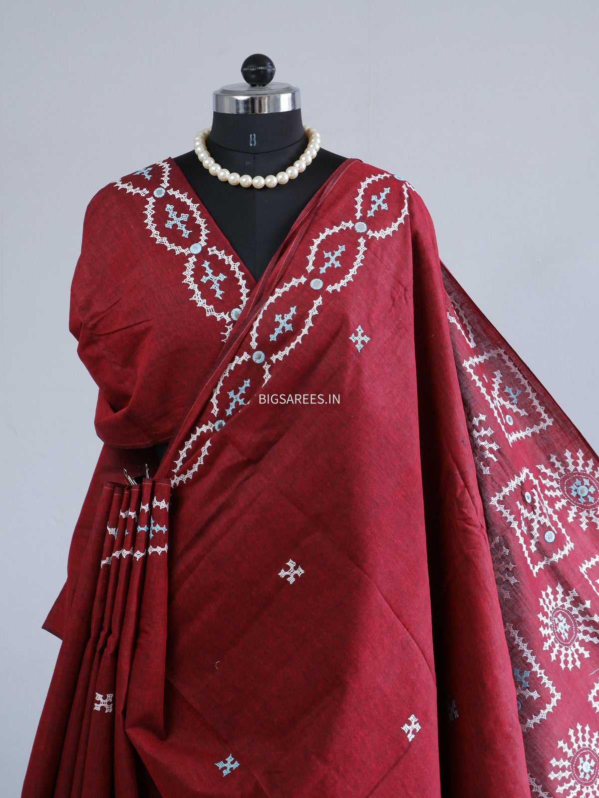 Kutchi Hand-Embroidered Saree | Khadi Cotton | Maroon