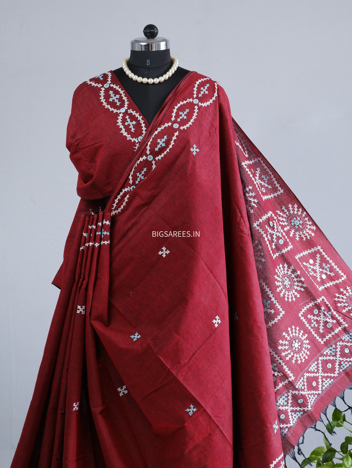 Kutchi Hand-Embroidered Saree | Khadi Cotton | Maroon