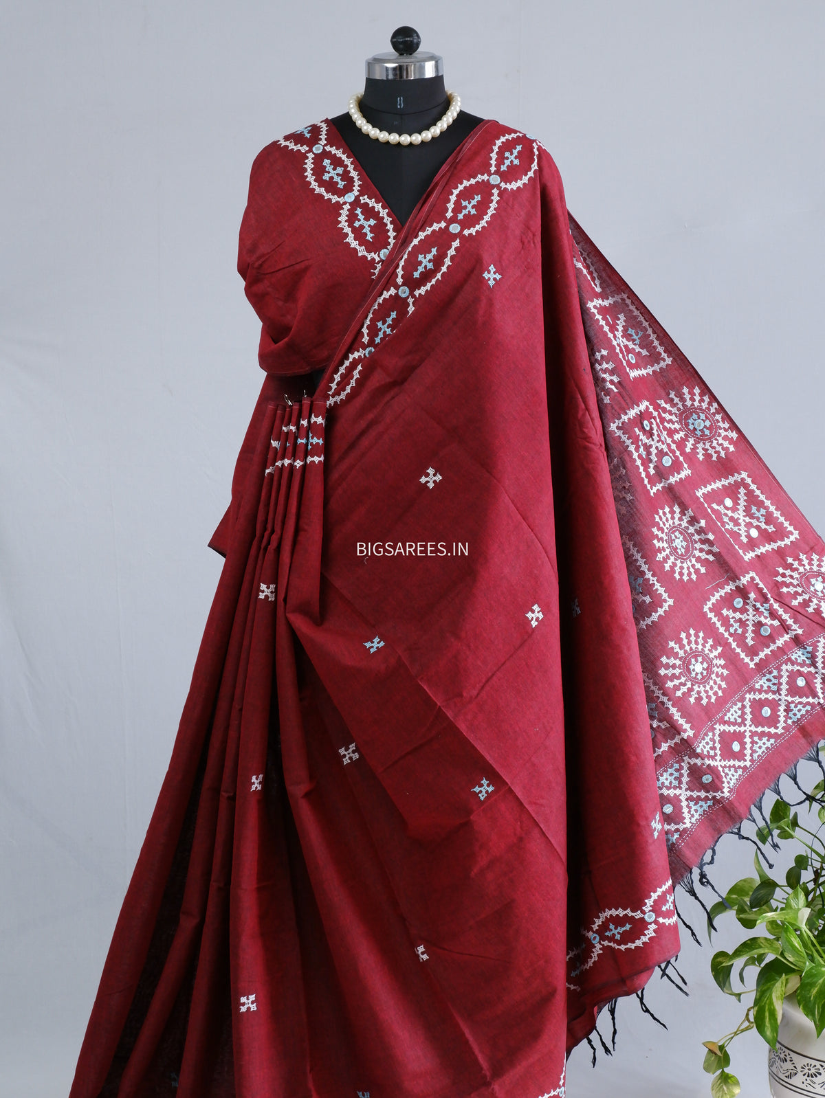 Kutchi Hand-Embroidered Saree | Khadi Cotton | Maroon