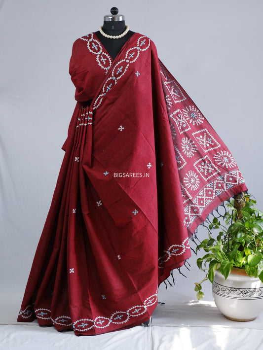 Kutchi Hand-Embroidered Saree | Khadi Cotton | Maroon