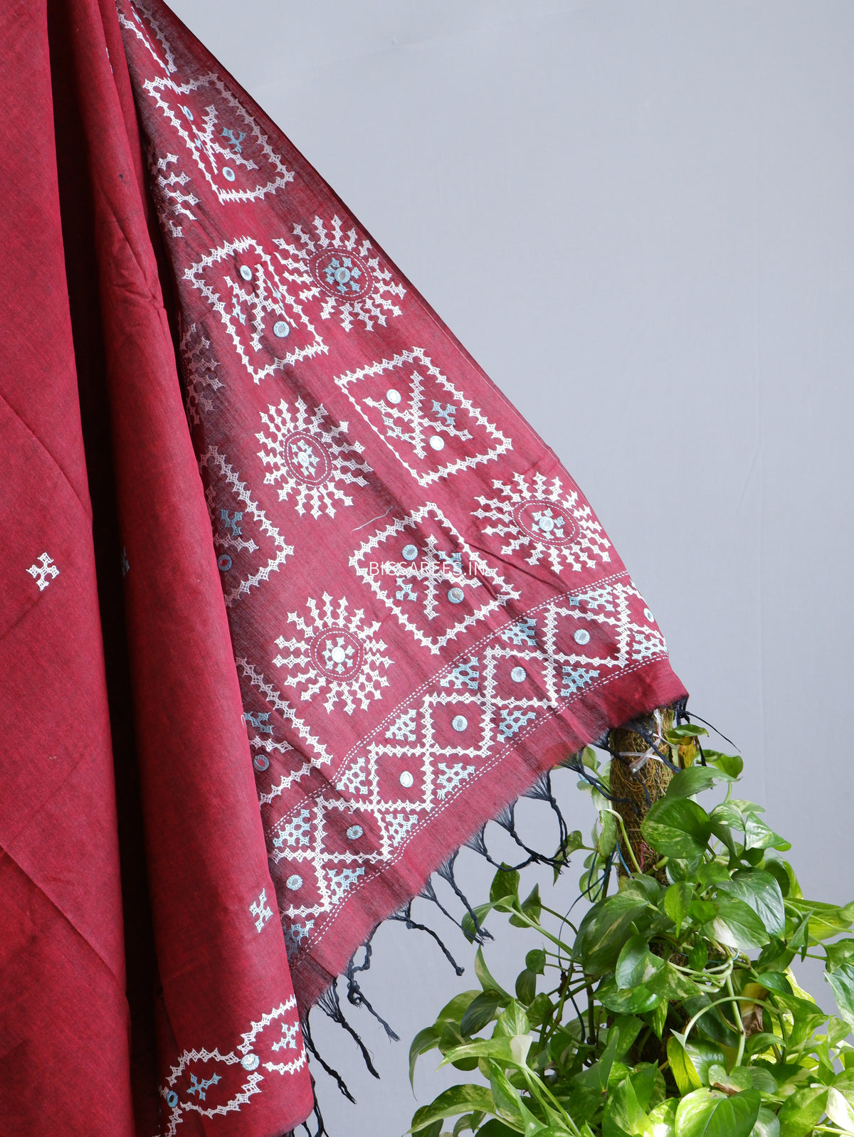 Kutchi Hand-Embroidered Saree | Khadi Cotton | Maroon