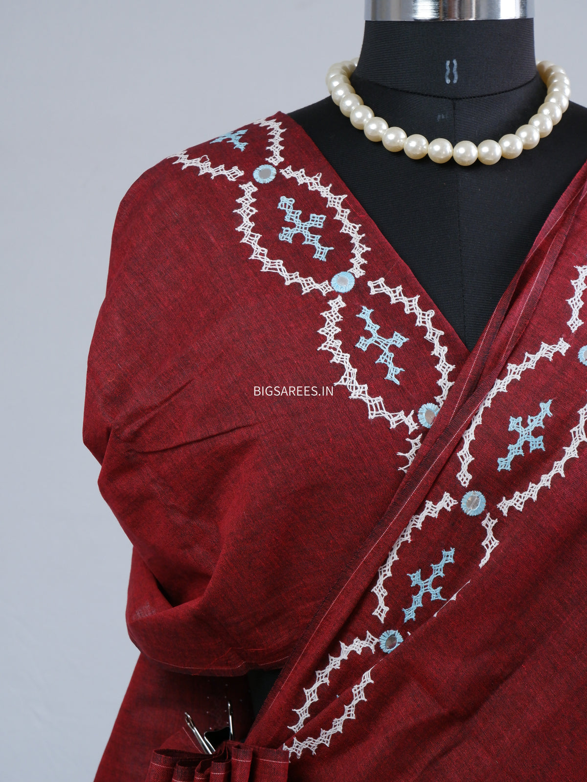 Kutchi Hand-Embroidered Saree | Khadi Cotton | Maroon