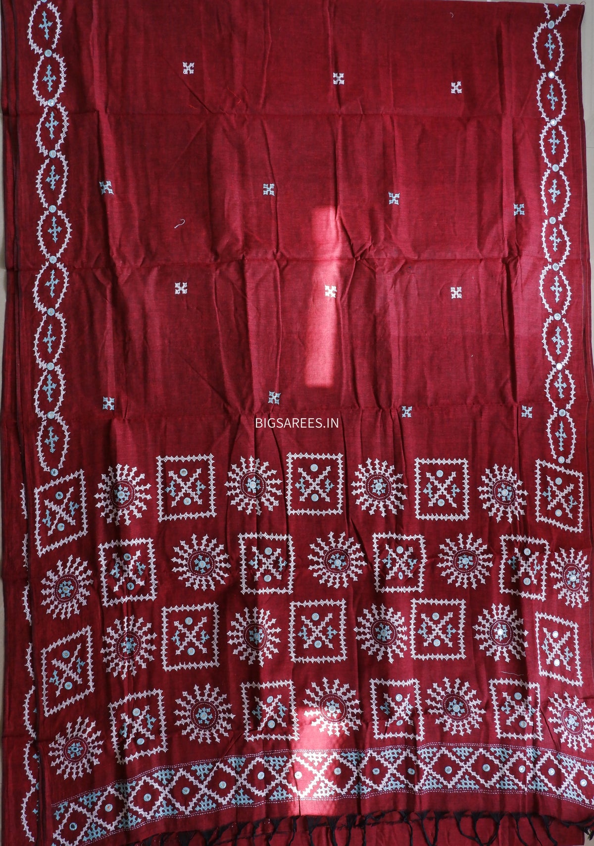 Kutchi Hand-Embroidered Saree | Khadi Cotton | Maroon