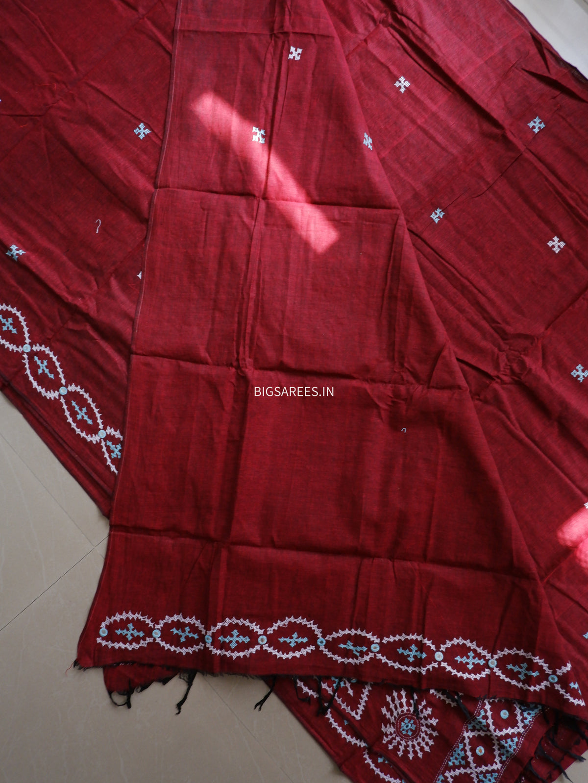 Kutchi Hand-Embroidered Saree | Khadi Cotton | Maroon