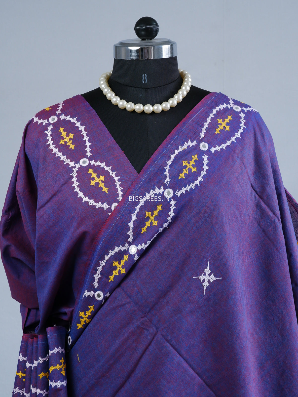 Kutchi Hand-Embroidered Saree | Khadi Cotton | Purple (Dual Tone)
