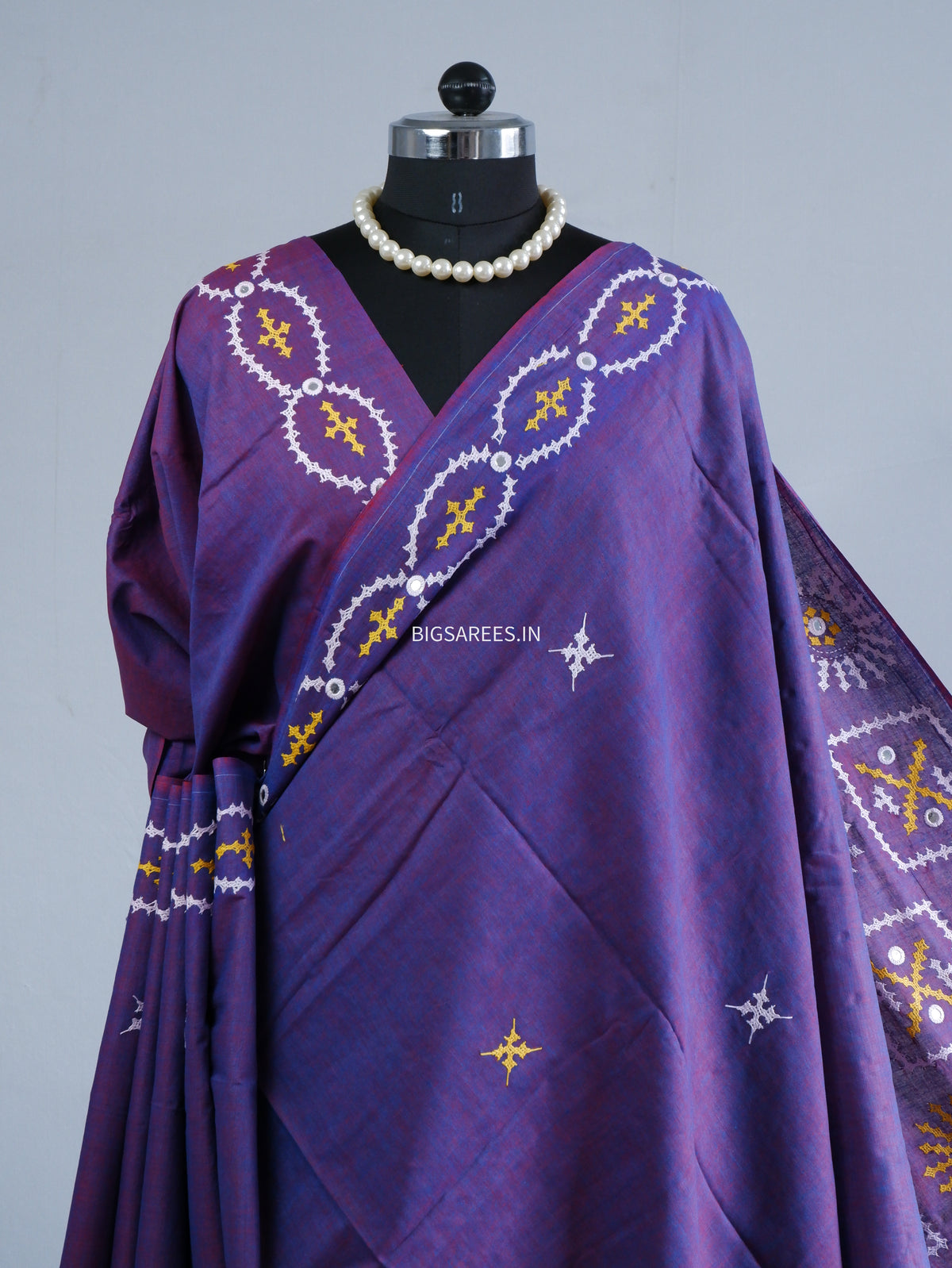 Kutchi Hand-Embroidered Saree | Khadi Cotton | Purple (Dual Tone)