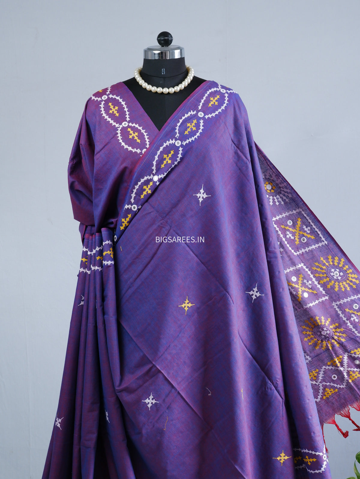 Kutchi Hand-Embroidered Saree | Khadi Cotton | Purple (Dual Tone)