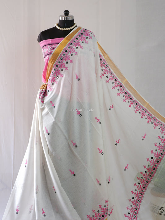 Kutchi Hand-Embroidered Saree With Blouse | South Cotton | White