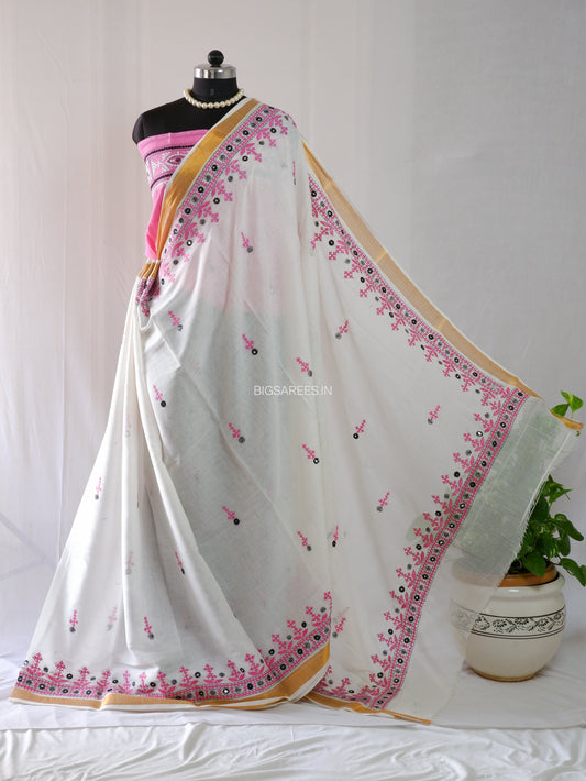 Kutchi Hand-Embroidered Saree With Blouse | South Cotton | White