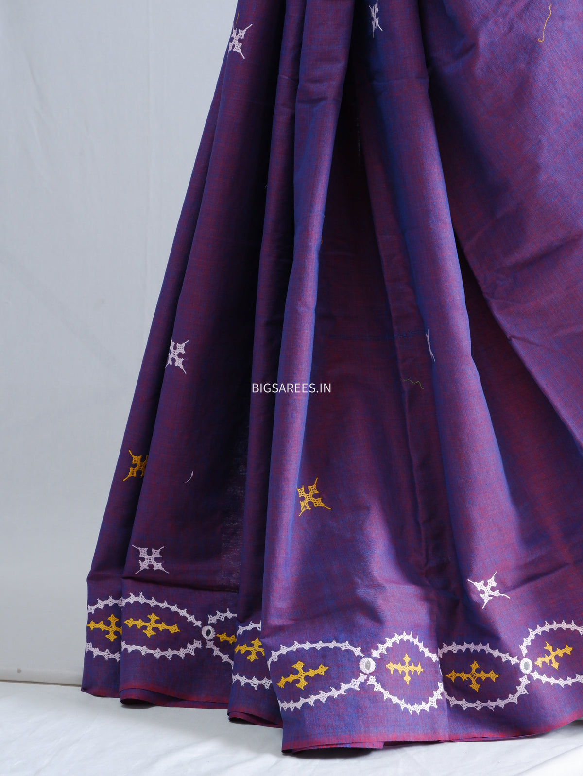 Kutchi Hand-Embroidered Saree | Khadi Cotton | Purple (Dual Tone)