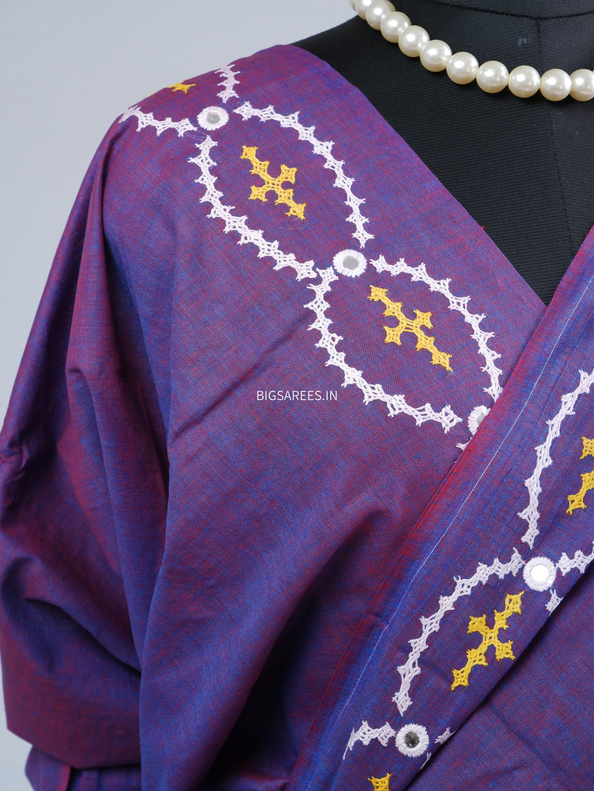 Kutchi Hand-Embroidered Saree | Khadi Cotton | Purple (Dual Tone)
