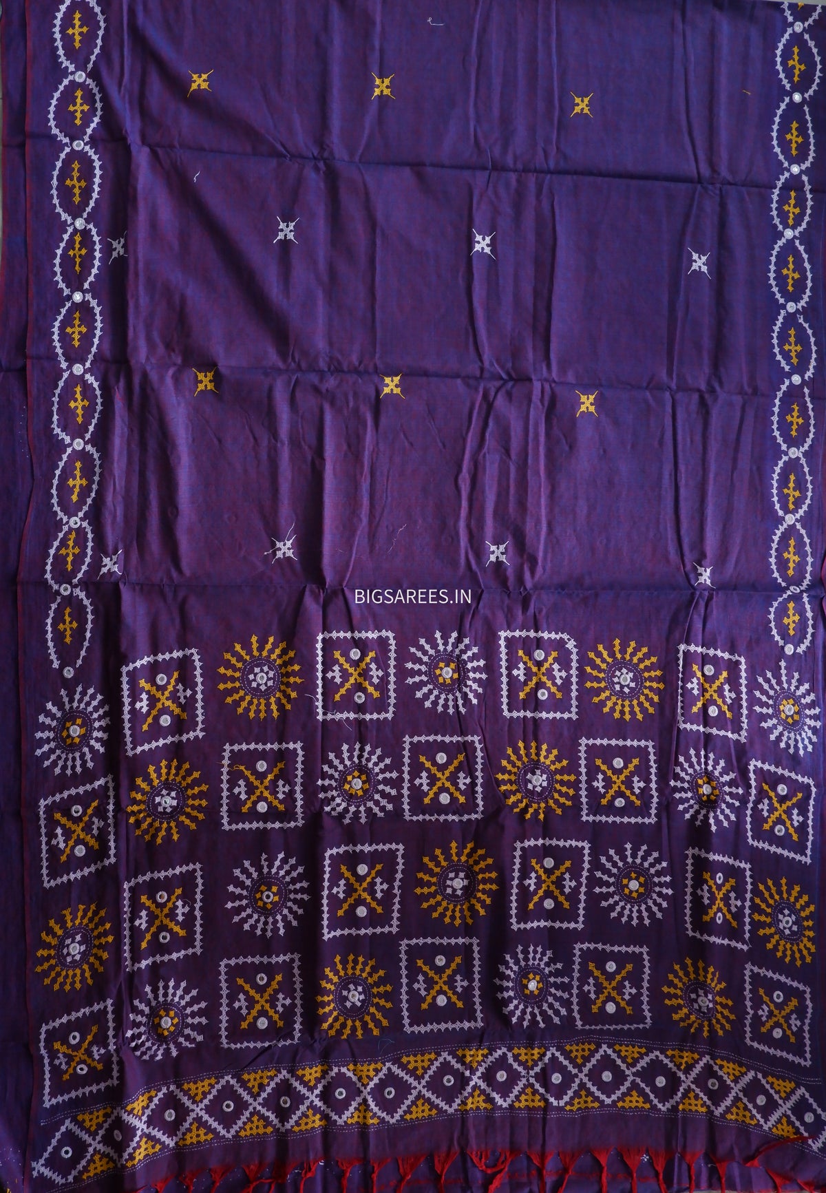 Kutchi Hand-Embroidered Saree | Khadi Cotton | Purple (Dual Tone)