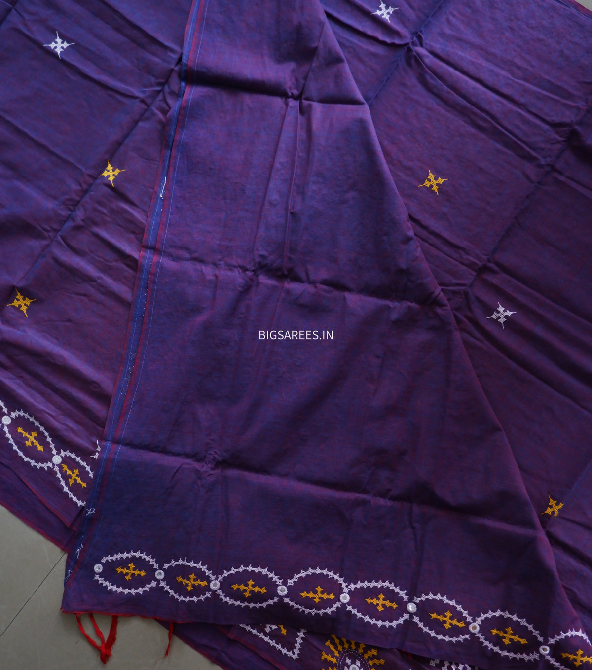 Kutchi Hand-Embroidered Saree | Khadi Cotton | Purple (Dual Tone)