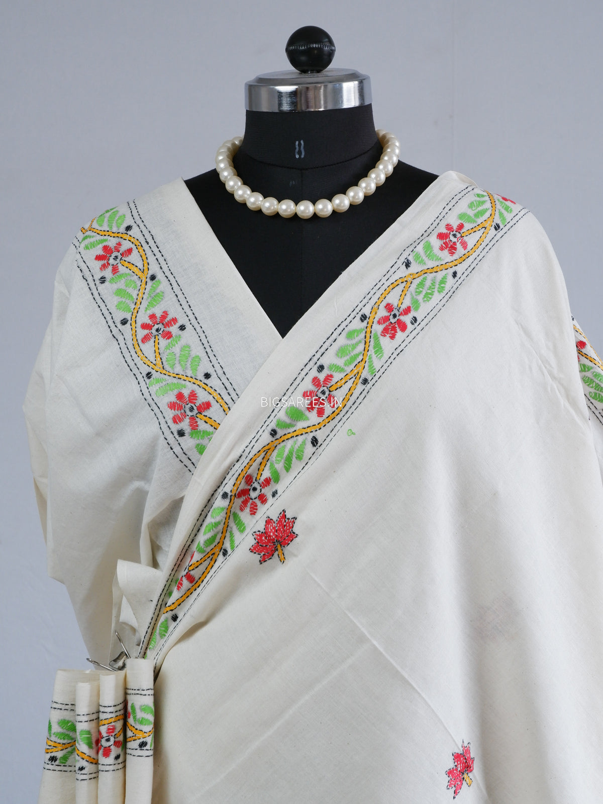 Kantha Stitch Hand-Embroidered Saree | Khadi Cotton | White
