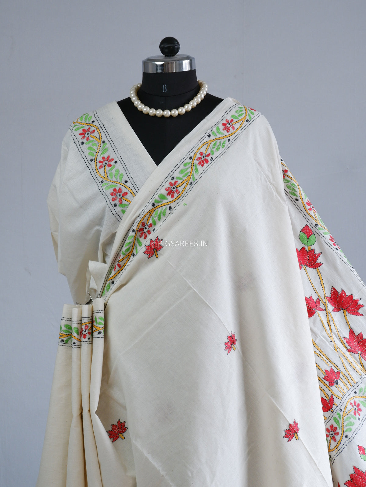Kantha Stitch Hand-Embroidered Saree | Khadi Cotton | White