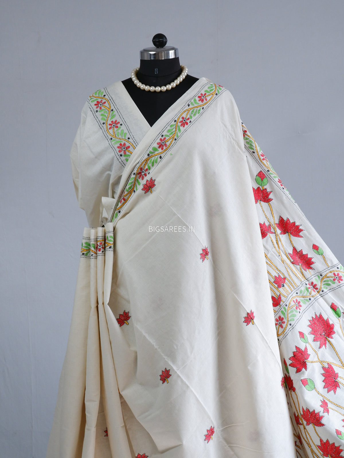 Kantha Stitch Hand-Embroidered Saree | Khadi Cotton | White