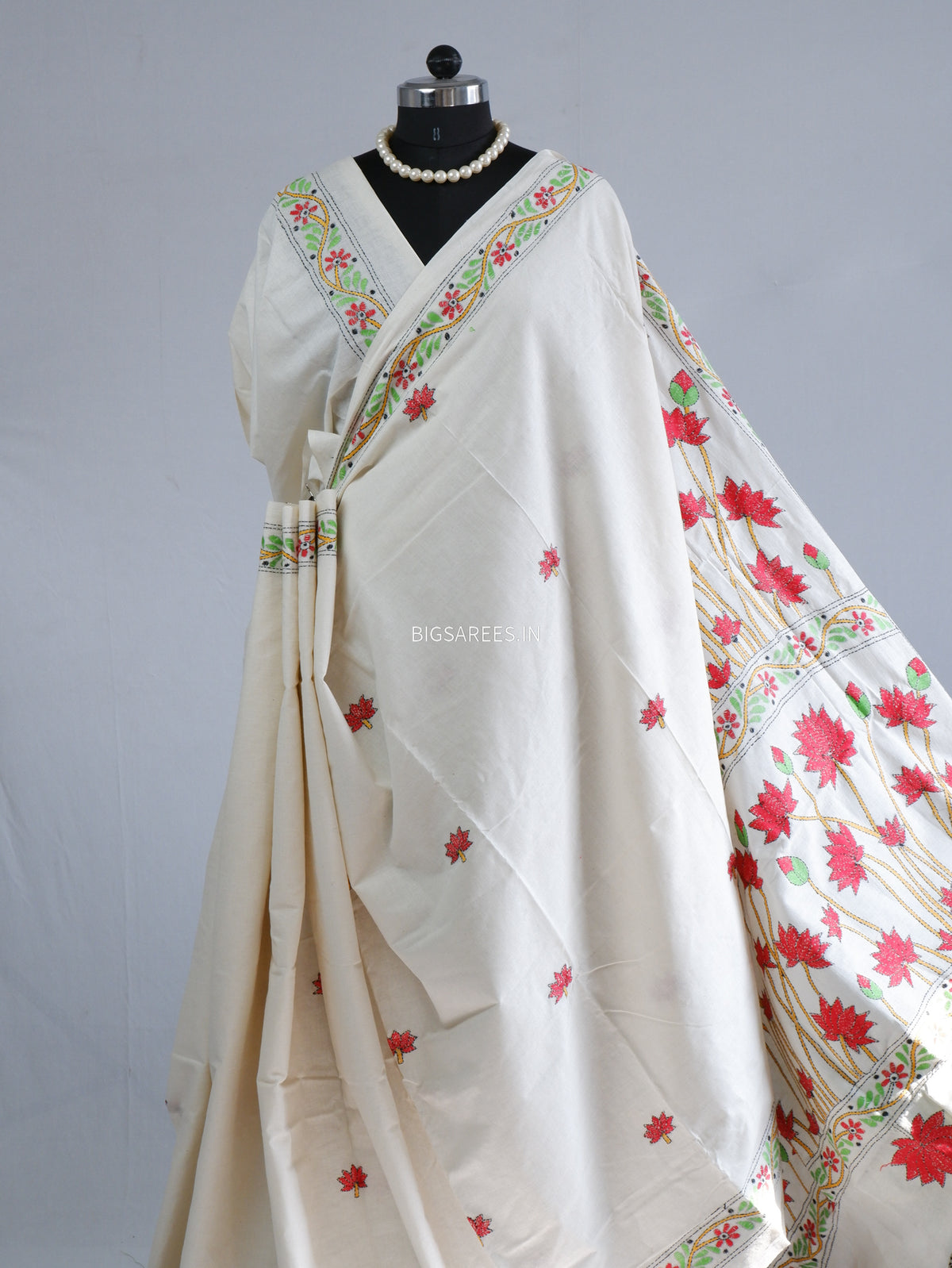 Kantha Stitch Hand-Embroidered Saree | Khadi Cotton | White