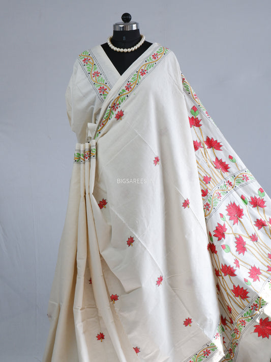 Kantha Stitch Hand-Embroidered Saree | Khadi Cotton | White