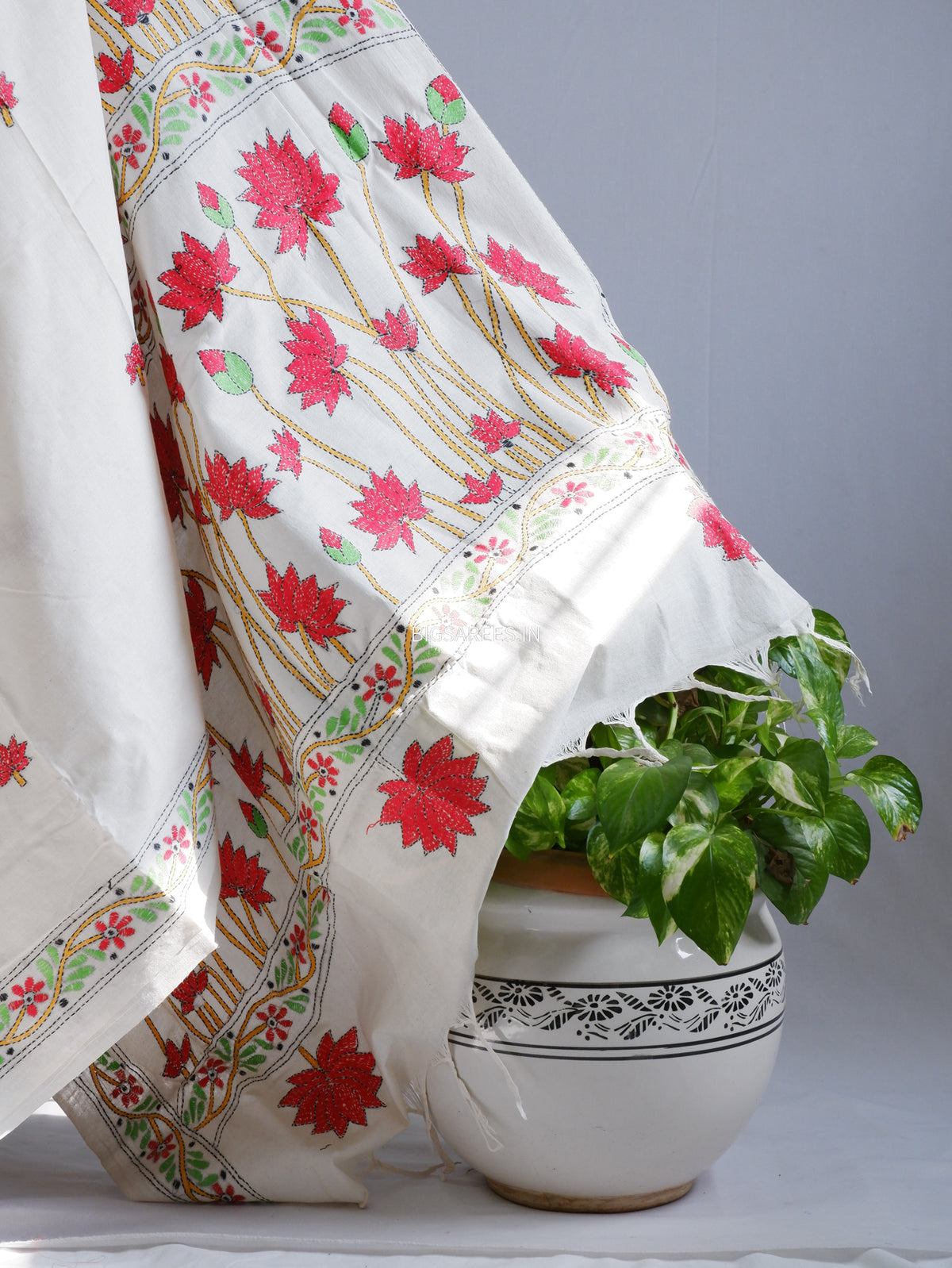 Kantha Stitch Hand-Embroidered Saree | Khadi Cotton | White