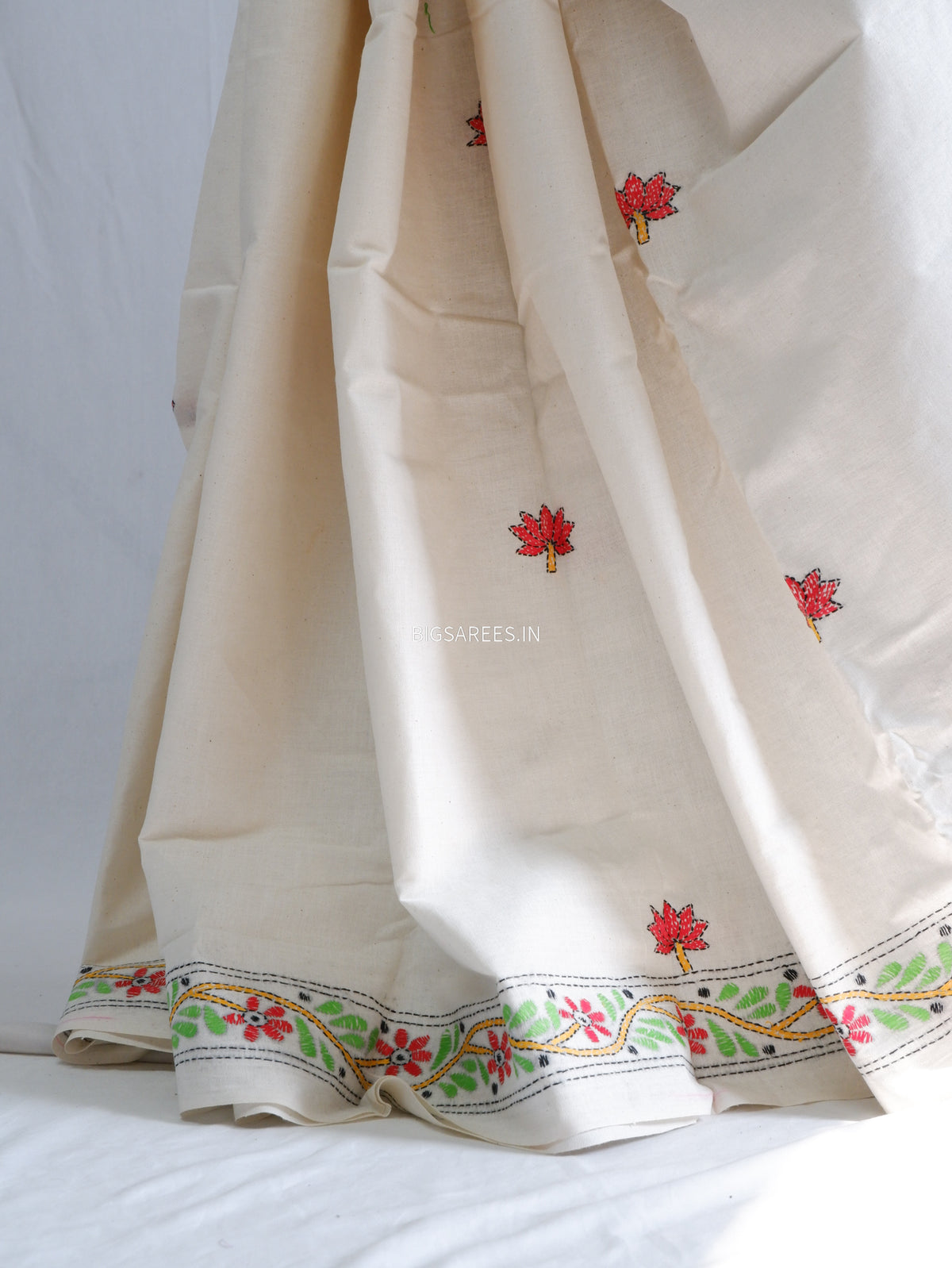 Kantha Stitch Hand-Embroidered Saree | Khadi Cotton | White