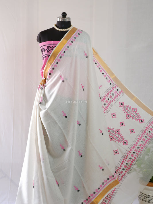 Kutchi Hand-Embroidered Saree With Blouse | South Cotton | White