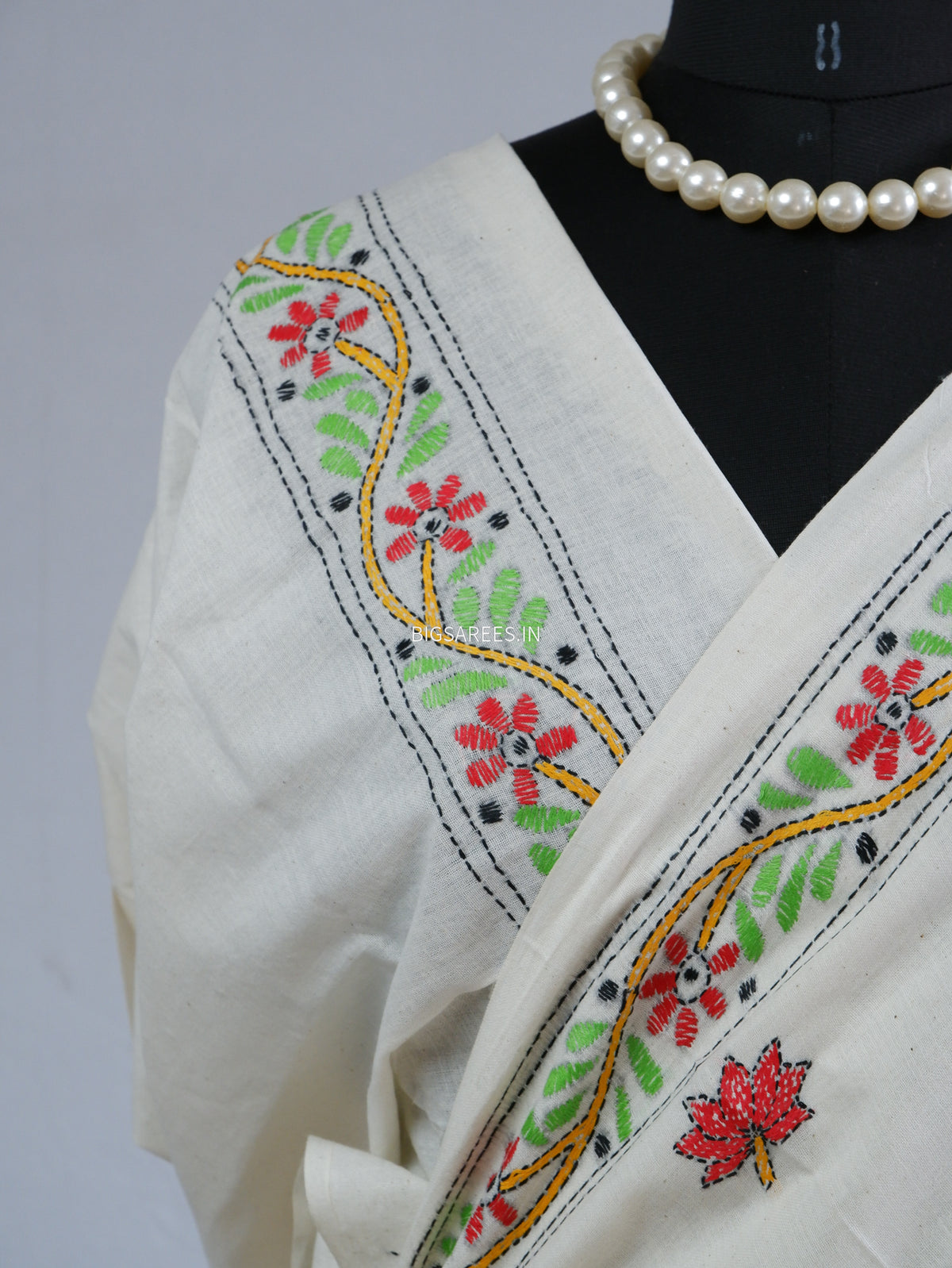 Kantha Stitch Hand-Embroidered Saree | Khadi Cotton | White