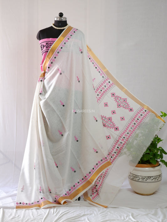 Kutchi Hand-Embroidered Saree With Blouse | South Cotton | White