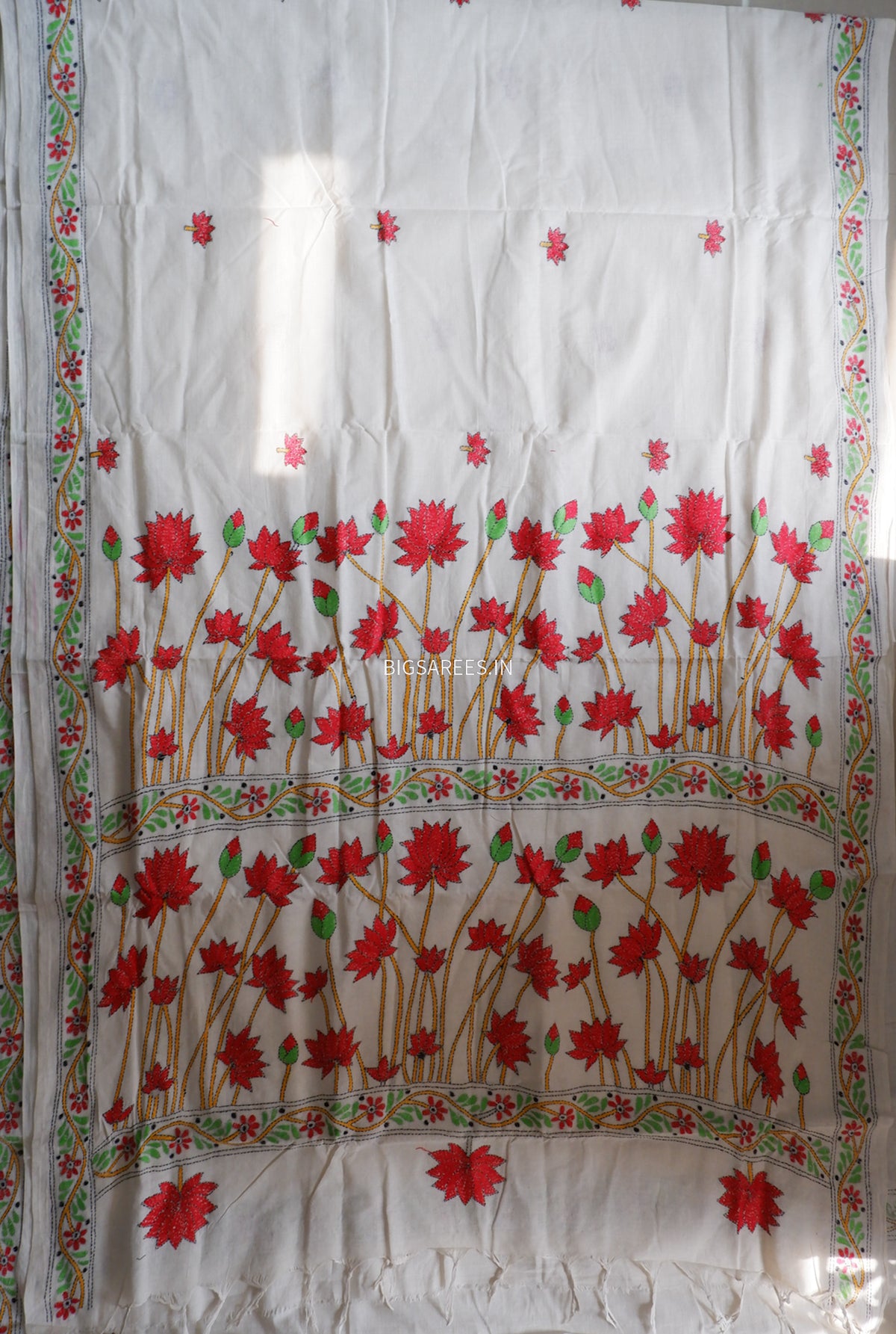 Kantha Stitch Hand-Embroidered Saree | Khadi Cotton | White