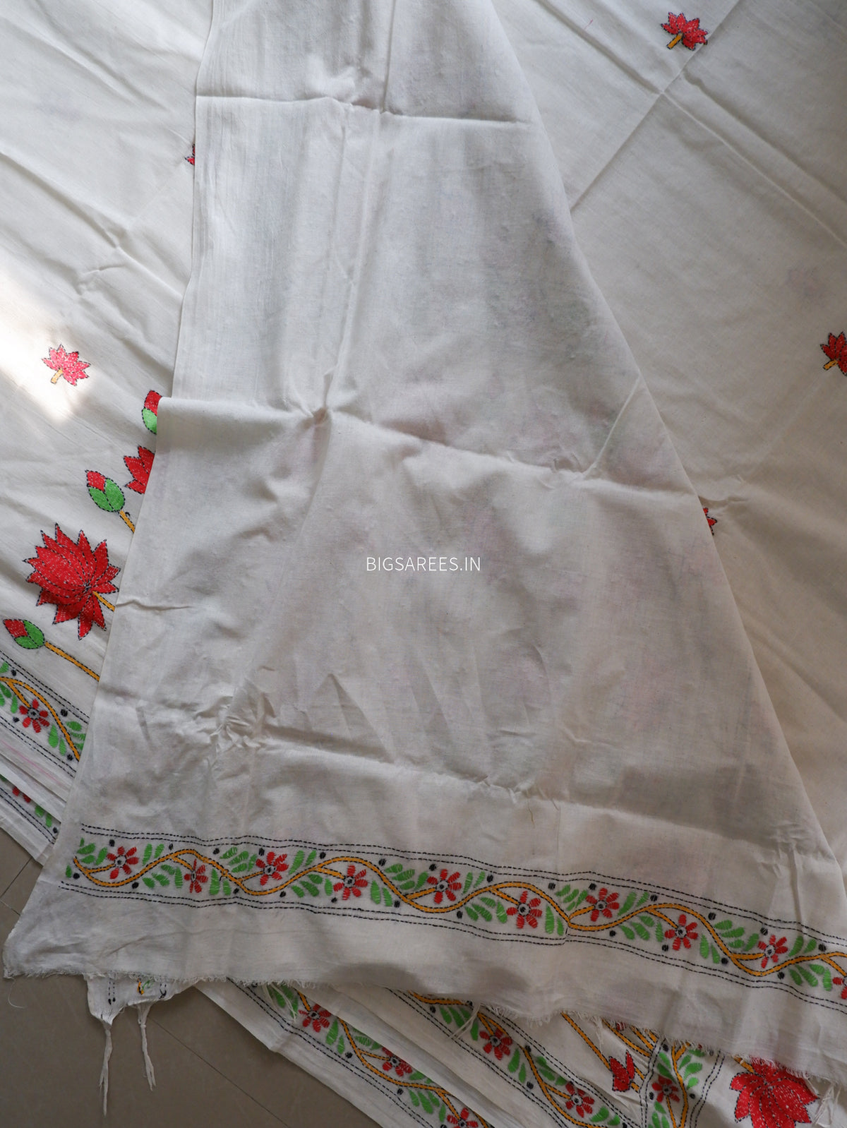 Kantha Stitch Hand-Embroidered Saree | Khadi Cotton | White
