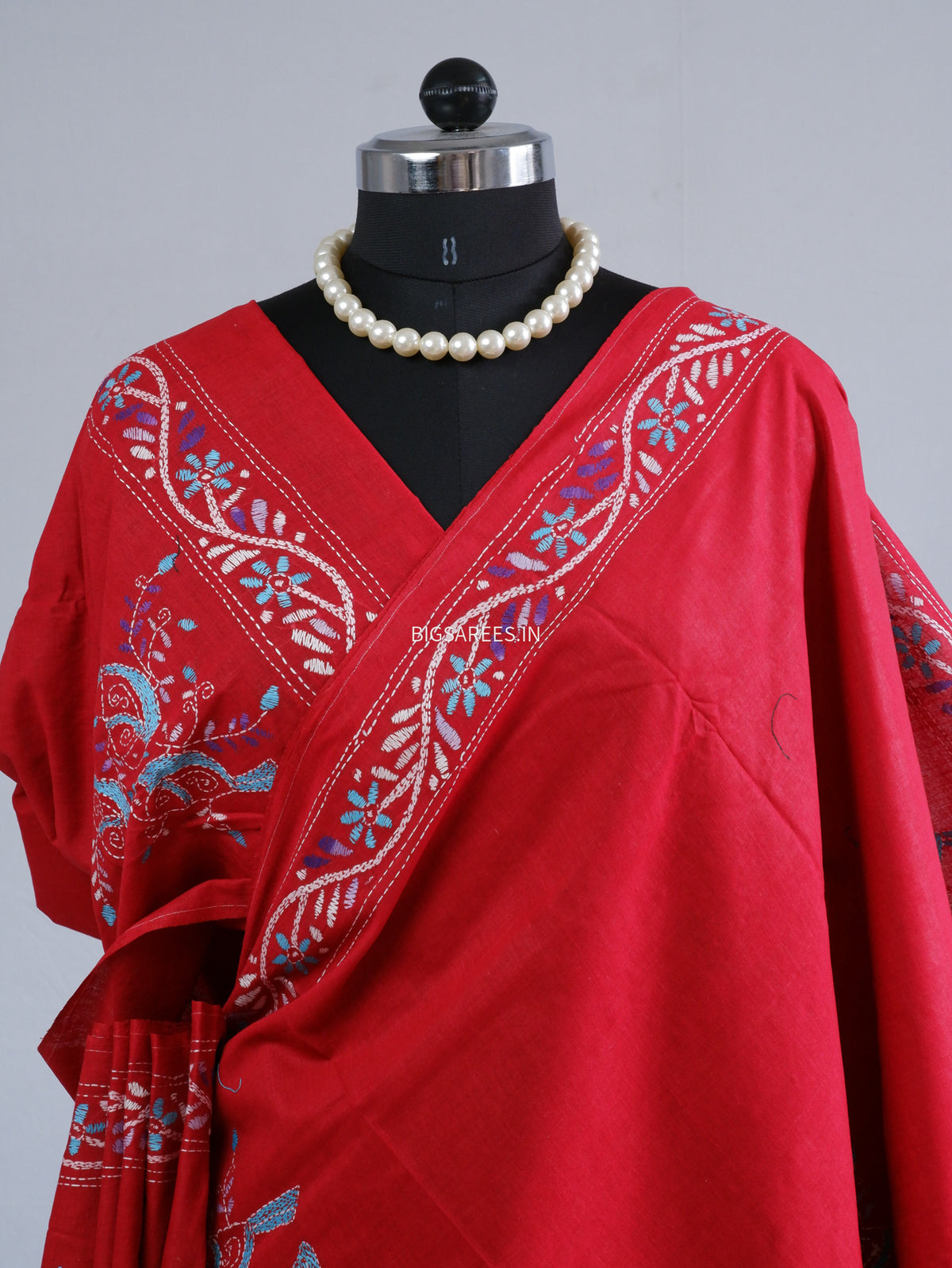 Kantha Stitch Hand-Embroidered Saree | Khadi Cotton | Red