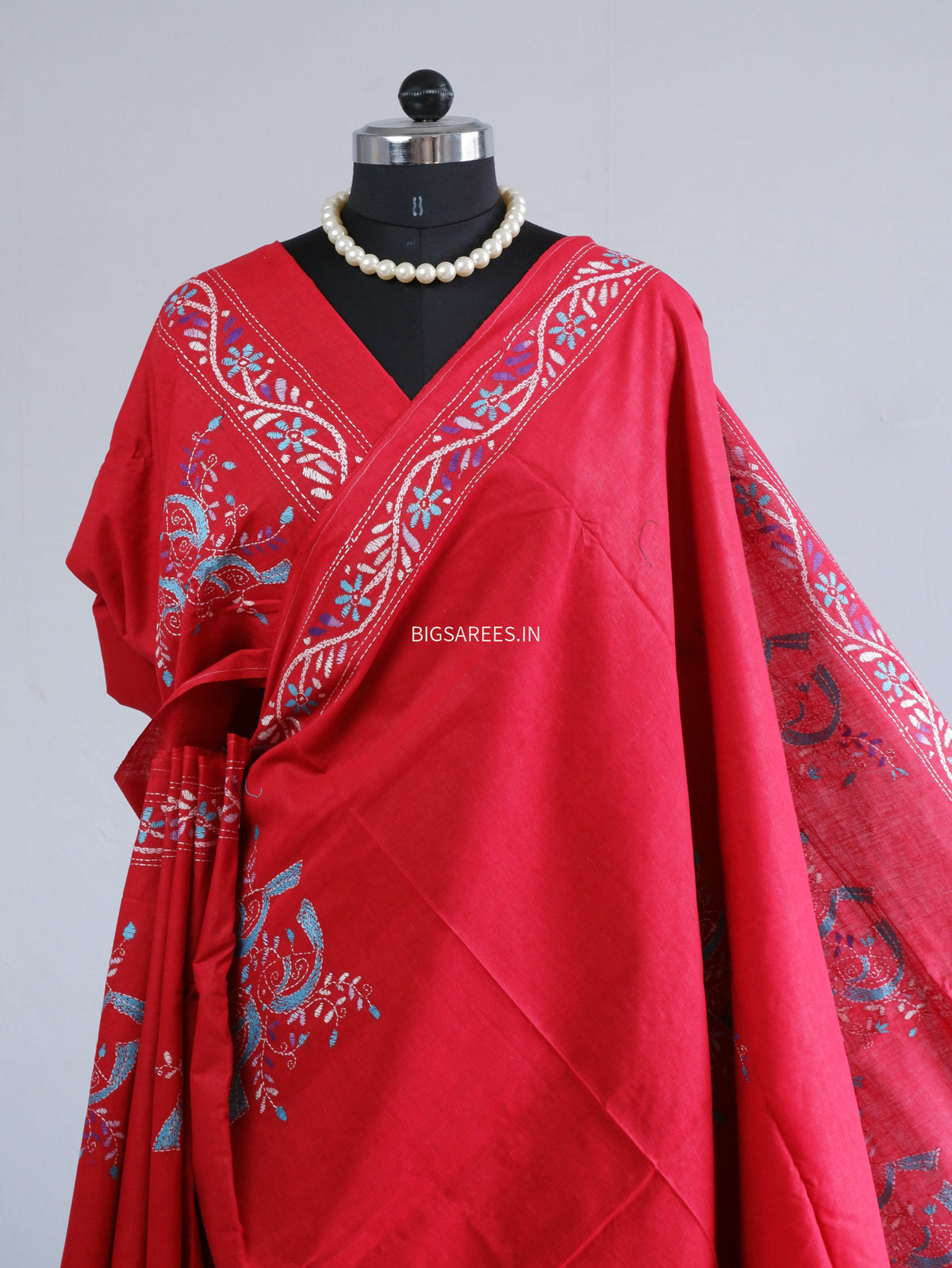 Kantha Stitch Hand-Embroidered Saree | Khadi Cotton | Red